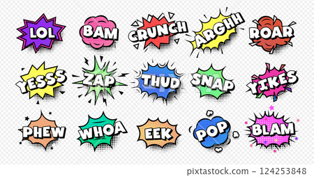 Colorful comic art sound effect words with speech bubbles, explosions, and dynamic typography. Perfect for comics, pop art, stickers, social media, and retro designs. Vector illustration 124253848