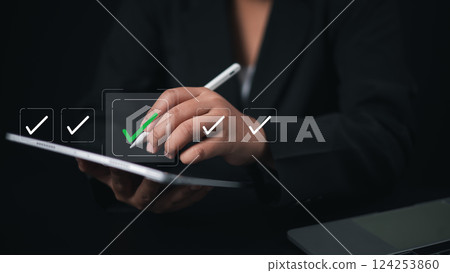 Audit business concept, Checklist and filling survey form online Compliance with internal organization financial services regulation, Examination for business and financial management system. 124253860