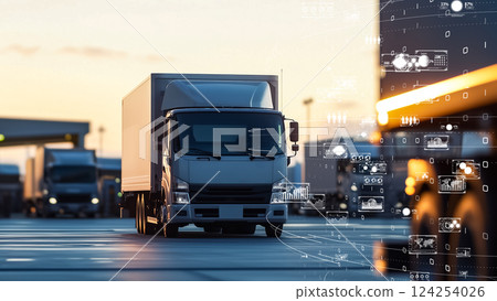 配備人工智慧的卡車在城市道路上行駛，具有未來感的介面 UI 124254026