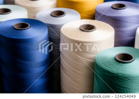 Colorful spools of thread arranged in an orderly fashion 124254049