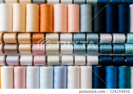 Colorful spools of thread arranged in an orderly fashion 124254050