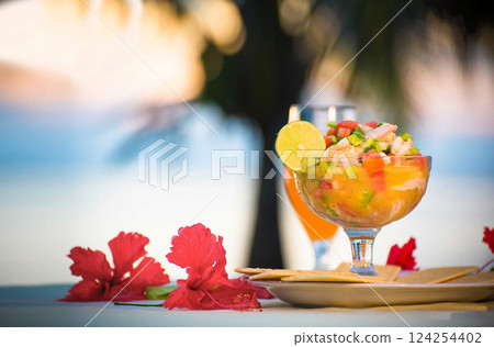 Nicaraguan food, shrimp ceviche with fruit cocktail drink, Nicaraguan palate 124254402
