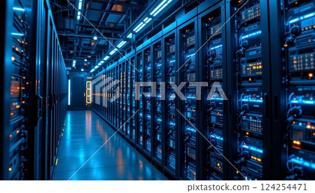 Futuristic Data Center with Glowing LED Server Racks | High-Tech Network Infrastructure. 124254471