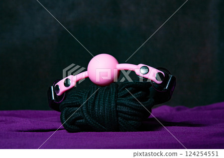 Bdsm outfit. Bondage and Gag ball on the purple bedsheet. Adult sex games. Kinky lifestyle. 124254551