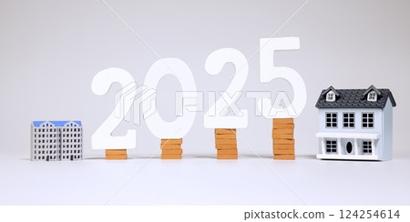 2025 real estate market forecast with house models and brick stacked 2025 real estate market forecast with house models and brick stacked 124254614