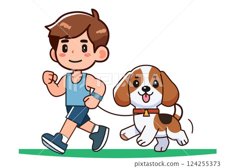 A young man walks his cute dog. A young man walks his cute dog. 124255373
