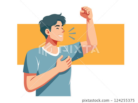 The young man shows his joy by raising his fist. The young man shows his joy by raising his fist. 124255375