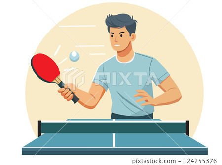 A young man hits a ping pong ball to start a game. A young man hits a ping pong ball to start a game. 124255376