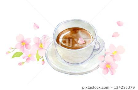 Watercolor illustration: Cafe time during cherry blossom season 124255379