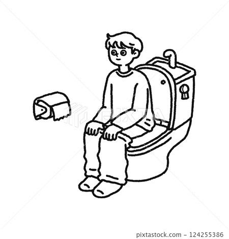 廁所-坐在馬桶座上的男人線條畫 124255386