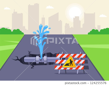 water pipe break on city road. 124255576