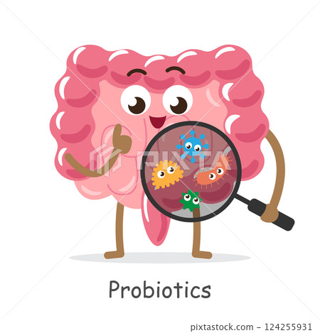 Probiotics . Intestine cartoon character hold magnifying glass to see microflora bacteria . Isolated white background . Vector . Probiotics . Intestine cartoon character hold magnifying glass to see microflora bacteria . Isolated white background . Vector . 124255931