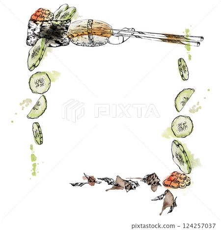 Traditional Japanese food, gunkan nigiri sushi raw fish salmon caviar tamagoyaki, cucumber slices, nori flakes, chopsticks, hand drawn in watercolor, ink. Frame for restaurant, cafe menu, recipe book 124257037