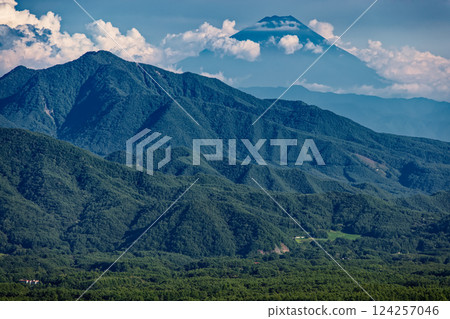 Mt. Fuji and Mt. Kayagatake as seen from Utsukushimoriyama in the Yatsugatake Mountains Mt. Fuji and Mt. Kayagatake as seen from Utsukushimoriyama in the Yatsugatake Mountains 124257046