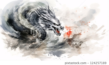 Illustration of an oriental dragon drawn in ink 124257189