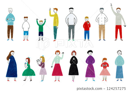 不同年齡層的女性和男性的手繪插圖 124257275