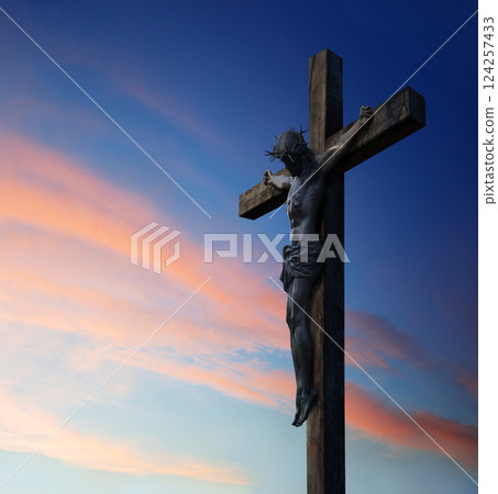 Crucified Christ hangs on the cross Crucified Christ hangs on the cross 124257433