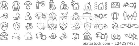 Vector monochrome line icon set about insurance 124257455
