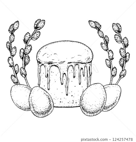 Black and white hand-drawn illustration of traditional Easter cake with glaze, willow branches, and eggs. Suitable for postcards, packaging, culinary topics and print materials. 124257478