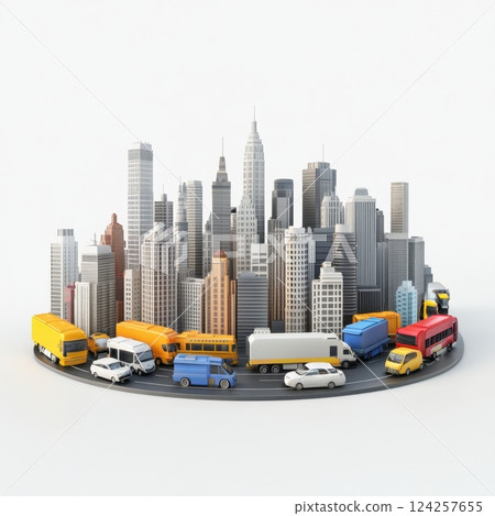 A cityscape with a row of buses and a skyscraper in the background 124257655