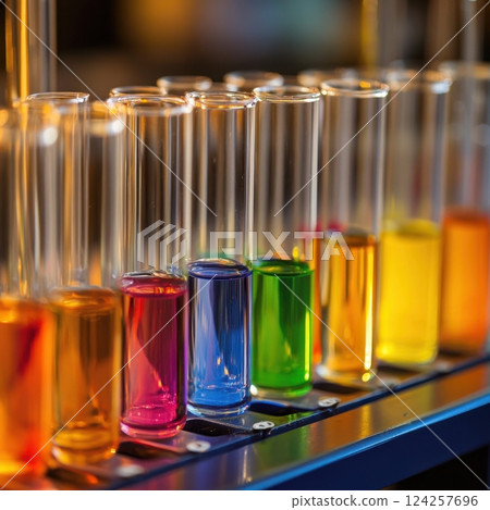 A row of colorful test tubes lined up on a table A row of colorful test tubes lined up on a table 124257696