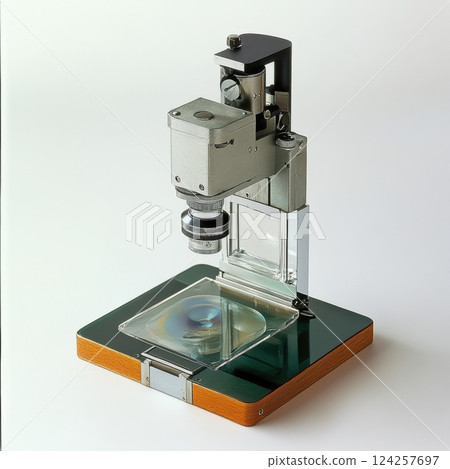 A microscope is on a wooden table 124257697