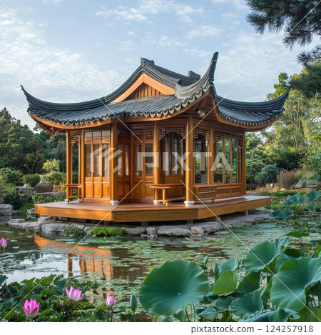 A small wooden building with a roof and a balcony sits on a pond A small wooden building with a roof and a balcony sits on a pond 124257918