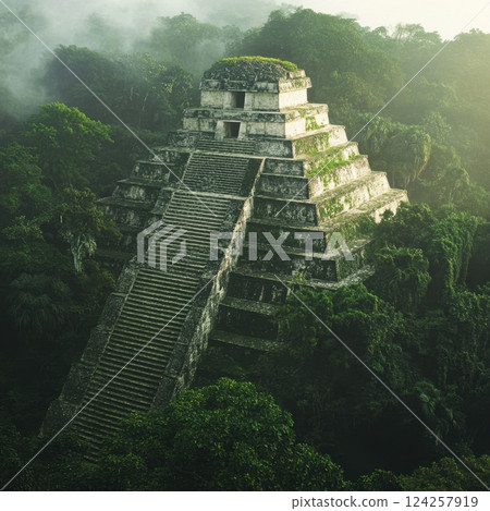 A large pyramid is surrounded by lush green trees 124257919