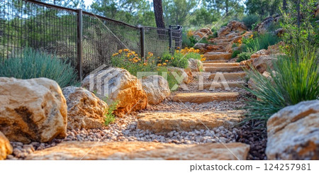 An earthy garden path with small gravel steps bordered by large stones and wild grasses, leading up to a serene outdoor retreat 124257981