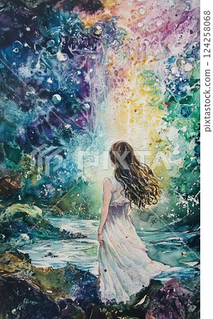 Embark on an enchanting journey through a mesmerizing and colorful cosmic landscape 124258068