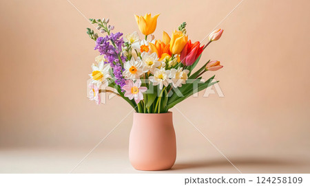 An Exquisite and Vibrant Flower Arrangement Set in a Soft Pink Atmosphere for All Occasions 124258109