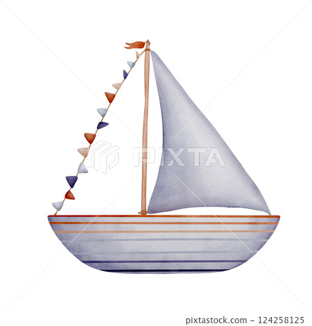 Watercolor illustration sailboat. Hand drawn flair sea boat with multicolor flags and light blue sail isolated on background for babes production. Sketch of Boat or Sailing ship for childish design Watercolor illustration sailboat. Hand drawn flair sea boat with multicolor flags and light blue sail isolated on background for babes production. Sketch of Boat or Sailing ship for childish design 124258125