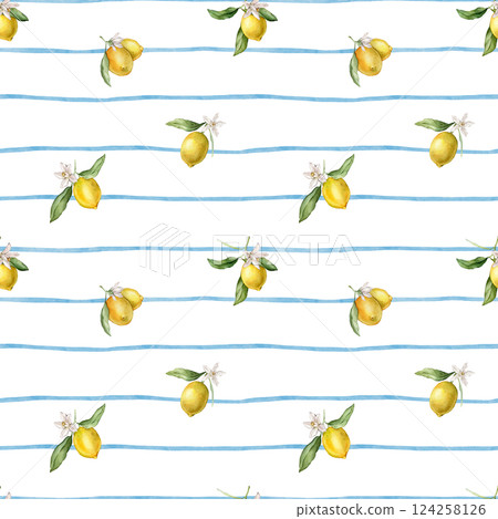 Watercolor seamless Pattern with illustration of Lemons or Lime on blue striped background. Hand painted print with lemon branche with green leaves and white flowers on isolated. Citrus food. 124258126