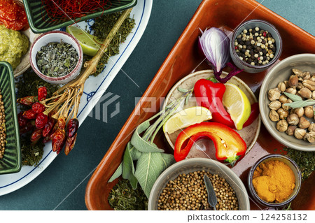 Different aromatic spices. 124258132