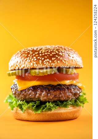 A cheeseburger consisting of a bun with sesame seeds, pickled cucumbers, tomatoes, cheese, meat patty and salad leaves on a yellow orange background 124258224