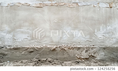 Textured unfinished concrete wall with exposed plaster and construction details, perfect for backgrounds 124258256