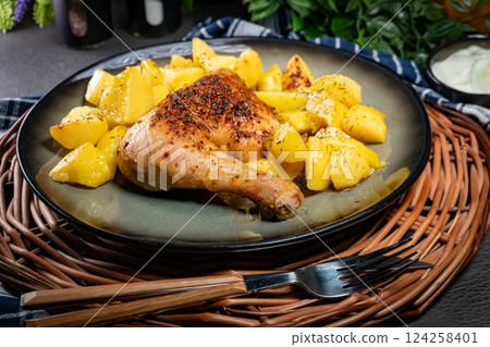 Appetizing baked chicken leg quarter. Appetizing baked chicken leg quarter. 124258401