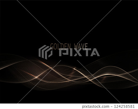 Isolated element, wavy illustration in delicate golden color with tinsel on black background 124258581