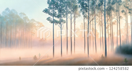 Misty forest landscape with tall pine trees and soft pastel colors at sunrise 124258582