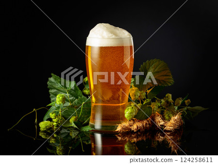 Beer, hops, and barley on a black background. Beer, hops, and barley on a black background. 124258611