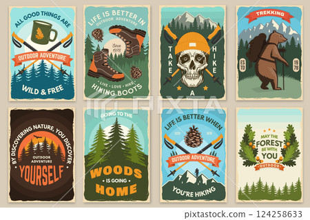 Set of hiking outdoor adventure flyer, poster, banner with hiker bear with backpack, mountain, hiking poles and pine cone. Vector. 124258633