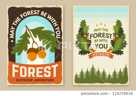 Set of hiking poster design with inspirational adventure quotes. Flyer, poster, banner with oak leaf and acorns. Outdoor adventure. Vector illustration. Set of hiking poster design with inspirational adventure quotes. Flyer, poster, banner with oak leaf and acorns. Outdoor adventure. Vector illustration. 124258638