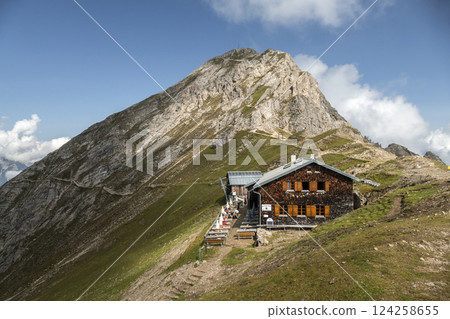 Nordlinger hut on Karwendel Hohenweg, Austria Nordlinger hut on Karwendel Hohenweg, Austria 124258655