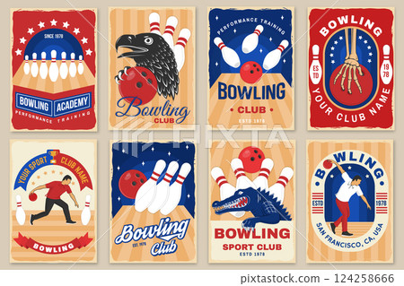 Bowling sports club flyer, poster, banner design. Vintage design with professional bowling player, eagle, crocodile, skeleton hand, bowling pins and ball silhouette. Vector. 124258666