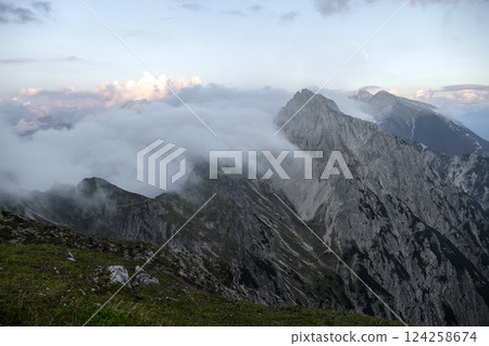 Ursprungssattel Nordlinger hut on Karwendel Hohenweg, Austria Ursprungssattel Nordlinger hut on Karwendel Hohenweg, Austria 124258674