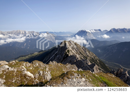 Panoramic view Nordlinger hut on Karwendel Hohenweg, Austria Panoramic view Nordlinger hut on Karwendel Hohenweg, Austria 124258683