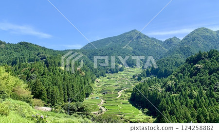 鞍掛山山麓的藍天與綠色梯田被新綠點綴(愛知縣新城市四谷千枚田) 鞍掛山山麓的藍天與綠色梯田被新綠點綴(愛知縣新城市四谷千枚田) 124258882