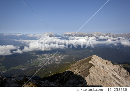 Panoramic view Hohe Munde from Nordlinger hut on Karwendel Hohenweg, Austria Panoramic view Hohe Munde from Nordlinger hut on Karwendel Hohenweg, Austria 124258886
