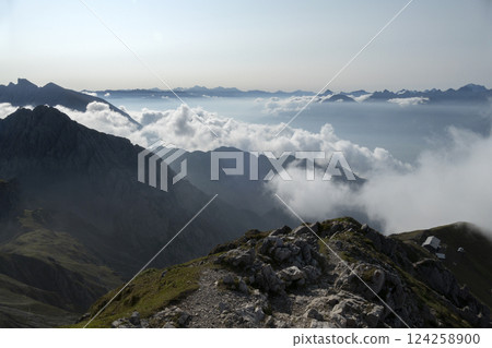 Panoramic view Nordlinger hut on Karwendel Hohenweg, Austria Panoramic view Nordlinger hut on Karwendel Hohenweg, Austria 124258900