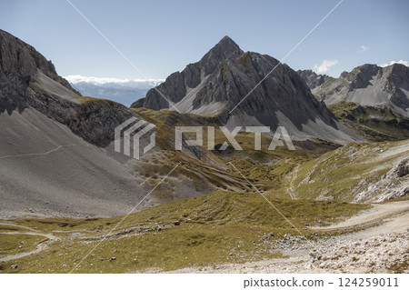 Stempeljoch Wilde Bande Steig at Karwendel mountains on Karwendel Hohenweg, Austria 124259011